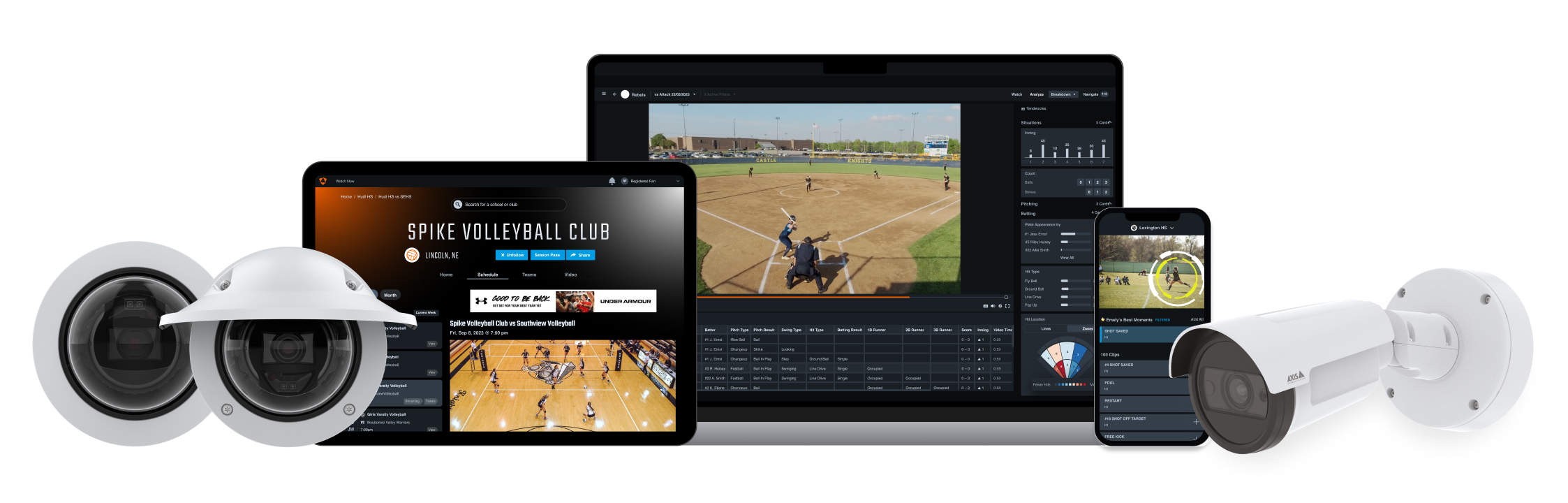 Multiple Focus Point cameras displayed next to a laptop, iPad and smartphone displaying a highschool profile page, and video review features.