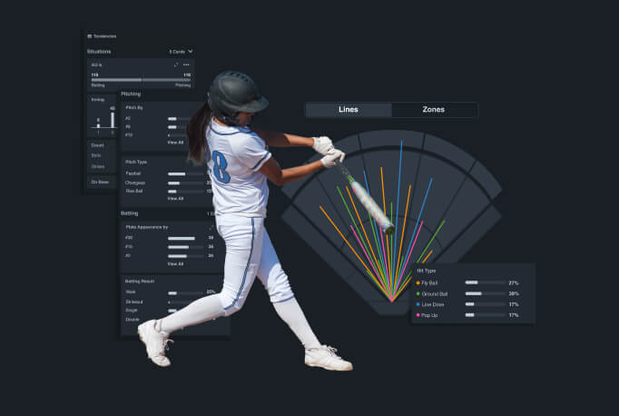 Softball player swinging bat with stats reports and charts overlaid