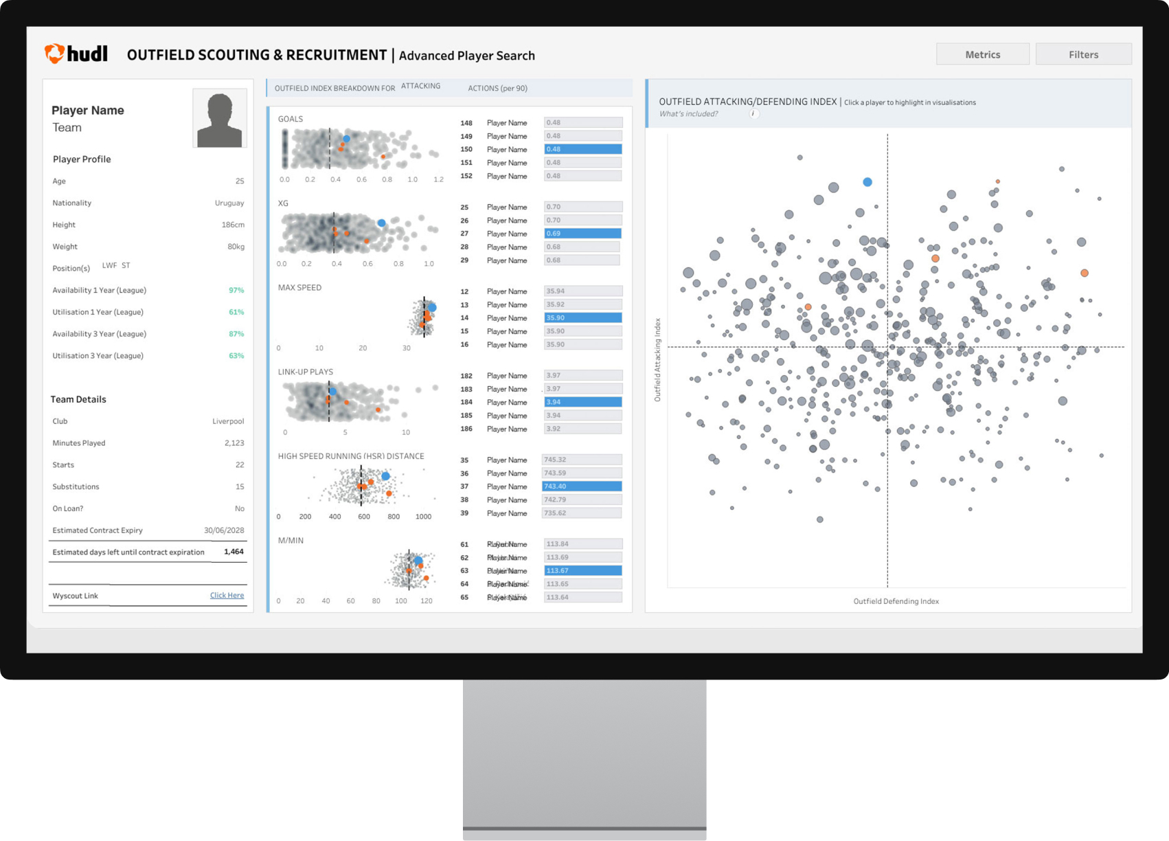 Desktop of Wyscout advanced player search UI