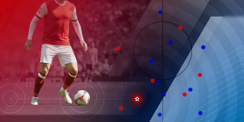 A soccer player in a red and white uniform dribbling a ball, with a digital data overlay showing player positions and tactical movement patterns.