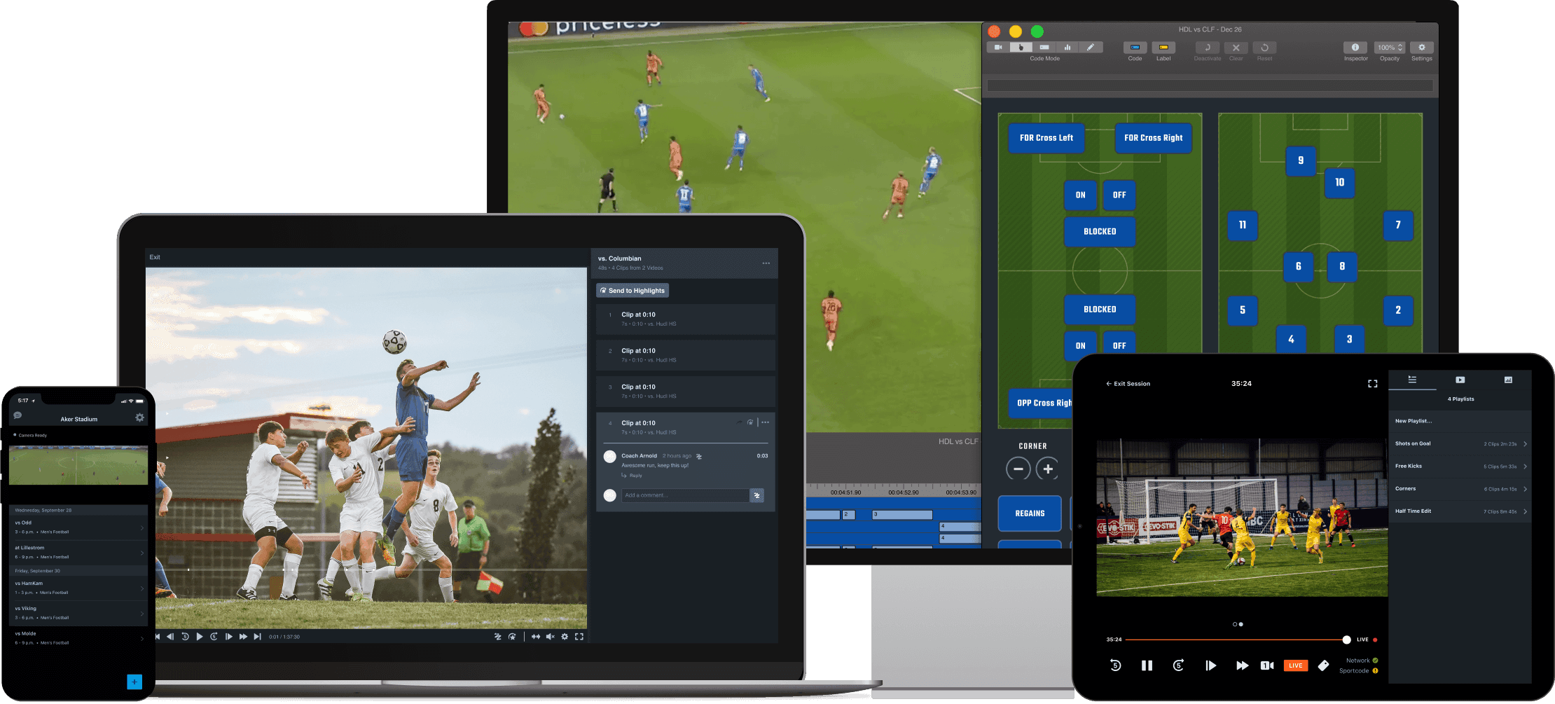 Image of a phone, laptop, tablet and desktop computer with Hudl software in each screen
