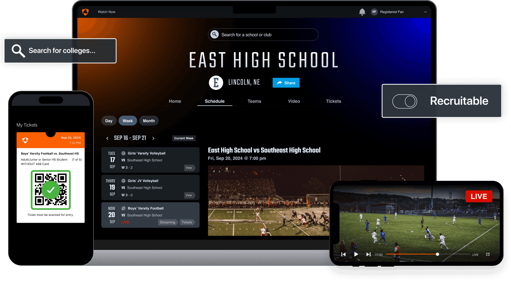 Screen renders from a phone displaying a Hudl ticket, a phone showing a livestream, and a laptop showinng a team fan page