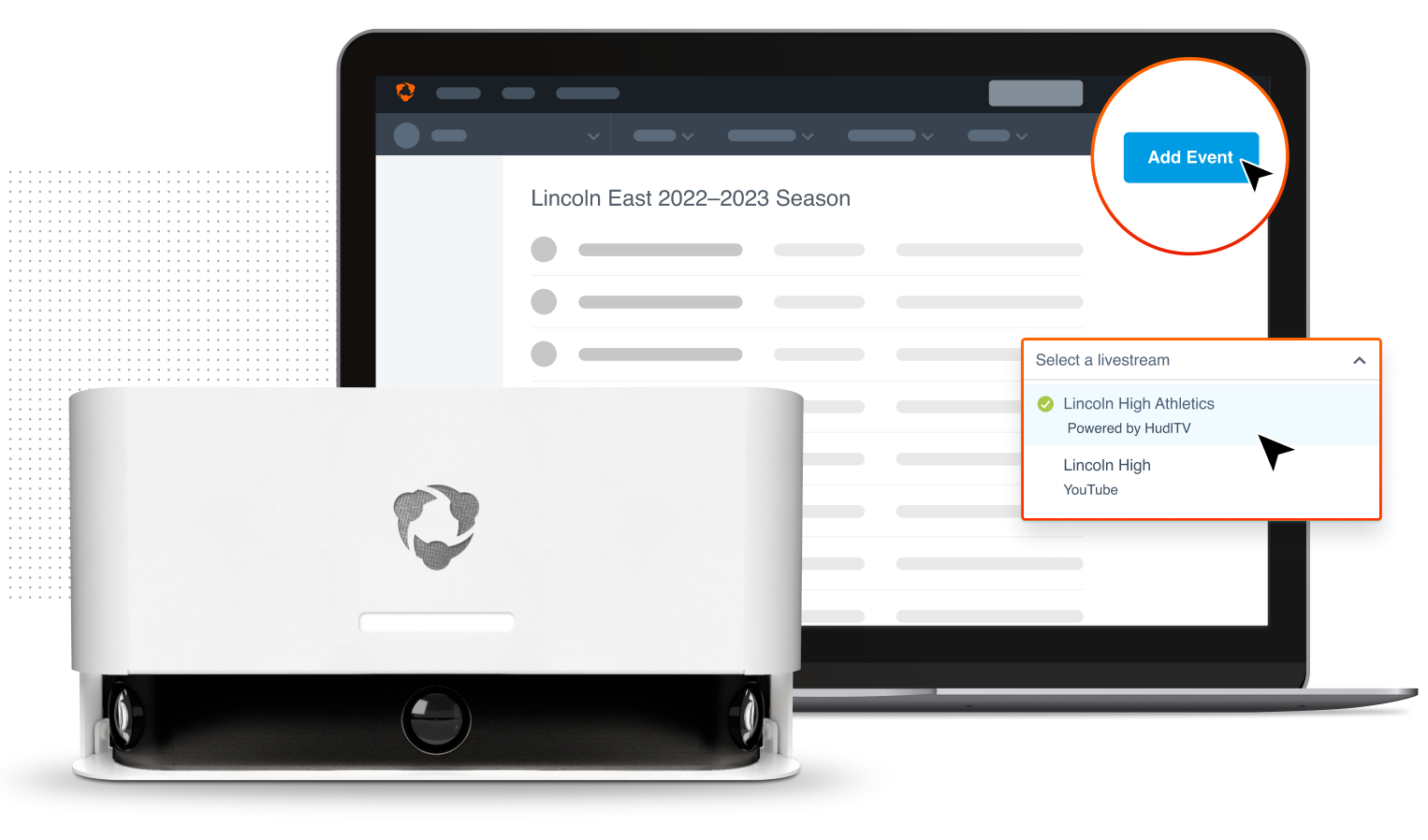 Image of Hudl TV integration with the Hudl interface on a laptop and a Hudl Focus Indoor Camera