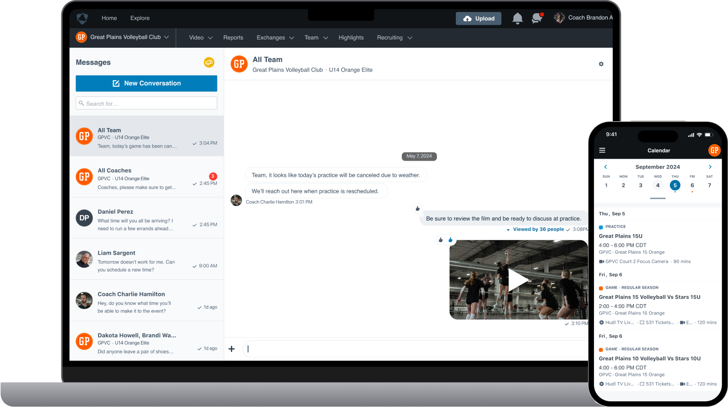A laptop showing multiple message conversations, and a smartphone showing a calendar view of multiple sporting events for the week.